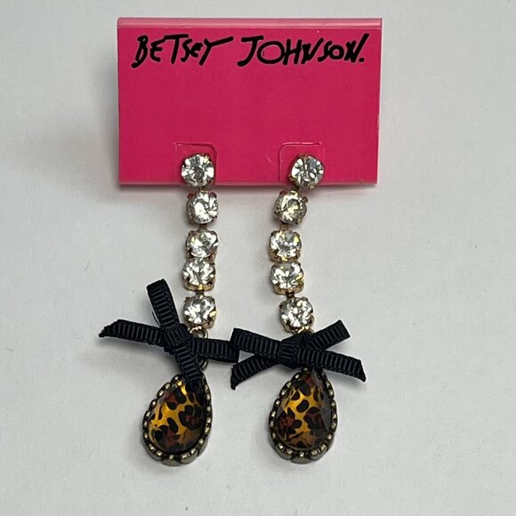 Betsey Johnson Leopard Teardrop Dangle Earrings With Rhinestones & Black Bow Acc - Picture 1 of 2